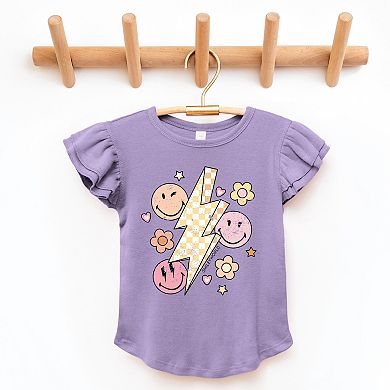 SmileyWorld Checkered Lightning Floral - Flutter Sleeve Graphic T-Shirt