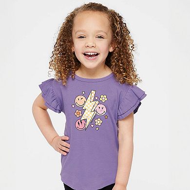 SmileyWorld Checkered Lightning Floral - Flutter Sleeve Graphic T-Shirt
