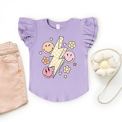 SmileyWorld Checkered Lightning Floral - Flutter Sleeve Graphic T-Shirt