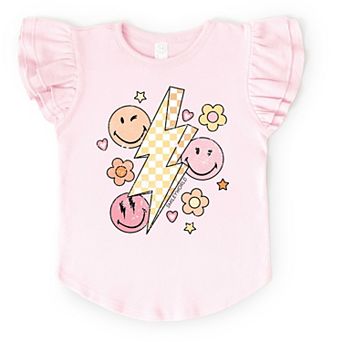 SmileyWorld Checkered Lightning Floral - Flutter Sleeve Graphic T-Shirt