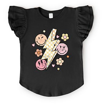 SmileyWorld Checkered Lightning Floral - Flutter Sleeve Graphic T-Shirt