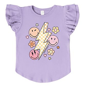 SmileyWorld Checkered Lightning Floral - Flutter Sleeve Graphic T-Shirt