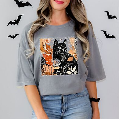 Black Cat Fall Leaves Distressed - Women's Garment Dyed Graphic T-Shirt