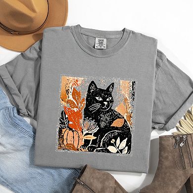 Black Cat Fall Leaves Distressed - Women's Garment Dyed Graphic T-Shirt