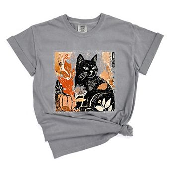 Black Cat Fall Leaves Distressed - Women's Garment Dyed Graphic T-Shirt