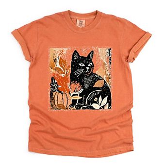 Black Cat Fall Leaves Distressed - Women's Garment Dyed Graphic T-Shirt