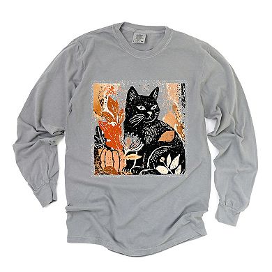Black Cat Fall Leaves Distressed - Women's Garment Dyed Long Sleeve Graphic T-Shirt
