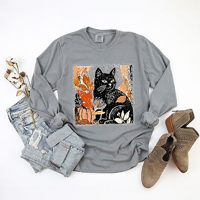 Black Cat Fall Leaves Distressed - Women's Garment Dyed Long Sleeve Graphic T-Shirt