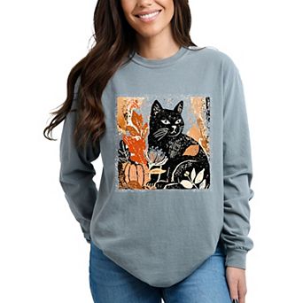 Black Cat Fall Leaves Distressed - Women's Garment Dyed Long Sleeve Graphic T-Shirt
