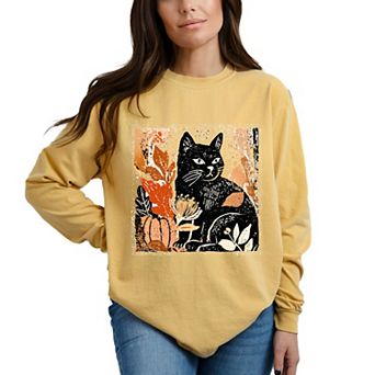 Black Cat Fall Leaves Distressed - Women's Garment Dyed Long Sleeve Graphic T-Shirt