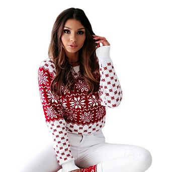 Women Ugly Christmas Sweater Snowflake Pattern Casual Knit Round Neck Long Sleeve Santa Claus Top