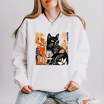 Black Cat Fall Leaves Distressed - Women's Lightweight Garment Dyed Sweatshirt
