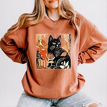 Black Cat Fall Leaves Distressed - Women's Lightweight Garment Dyed Sweatshirt