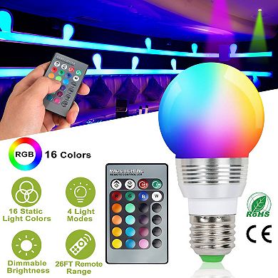 E27 3W RGB LED Bulb with Remote, 16 Color Changing Dimmable Mood Light for Home & Party