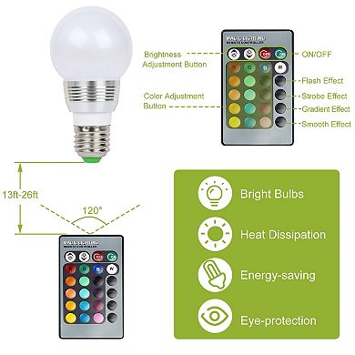 E27 3W RGB LED Bulb with Remote, 16 Color Changing Dimmable Mood Light for Home & Party