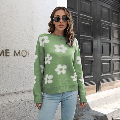 Womens Oversized Fuzzy Sweaters Floral Pattern V Neck Loose Long Sleeve Chunky Knit Pullover Tops