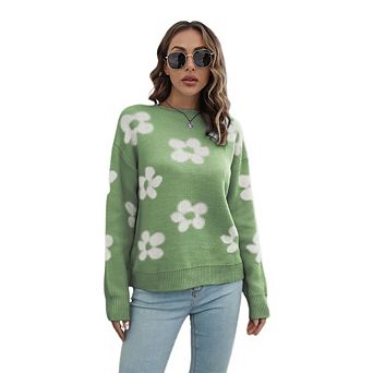 Womens Oversized Fuzzy Sweaters Floral Pattern V Neck Loose Long Sleeve Chunky Knit Pullover Tops
