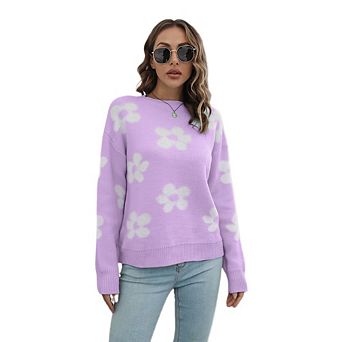 Womens Oversized Fuzzy Sweaters Floral Pattern V Neck Loose Long Sleeve Chunky Knit Pullover Tops