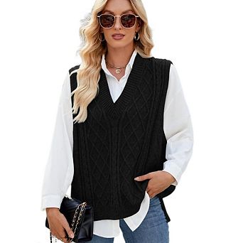 Women Sweater V Vest Sleeveless Knit Casual Solid Ribbed Preppy Pullover Tops