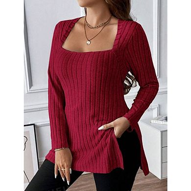 Women Plus Square Neck Long Sleeve Shirts Top Fall Lightweight Side Split Ribbed Knit Sweaters