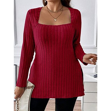 Women Plus Square Neck Long Sleeve Shirts Top Fall Lightweight Side Split Ribbed Knit Sweaters
