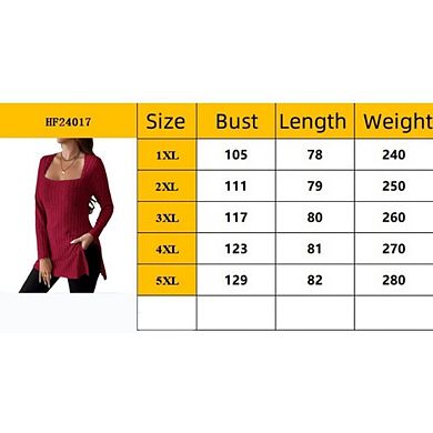 Women Plus Square Neck Long Sleeve Shirts Top Fall Lightweight Side Split Ribbed Knit Sweaters