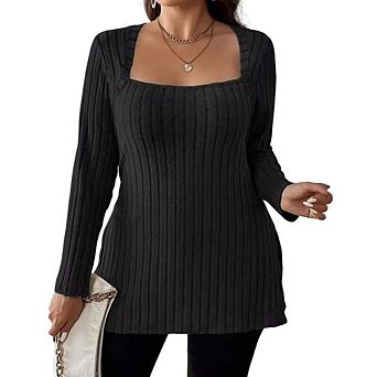 Women Plus Square Neck Long Sleeve Shirts Top Fall Lightweight Side Split Ribbed Knit Sweaters