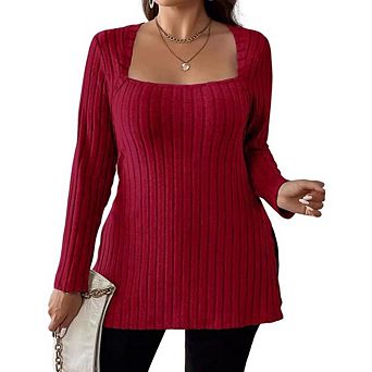 Women Plus Square Neck Long Sleeve Shirts Top Fall Lightweight Side Split Ribbed Knit Sweaters
