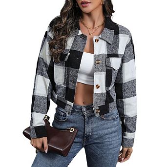 Womens Cropped Shacket Jackets Plaid Button Down Shirt Long Sleeve Flannel Coat with Pocketes