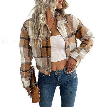 Womens Cropped Shacket Jackets Plaid Button Down Shirt Long Sleeve Flannel Coat with Pocketes