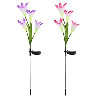 2 pc Solar Lily Garden Lights Outdoor 7-Color Changing Waterproof LED Pathway Stakes for Yard Patio