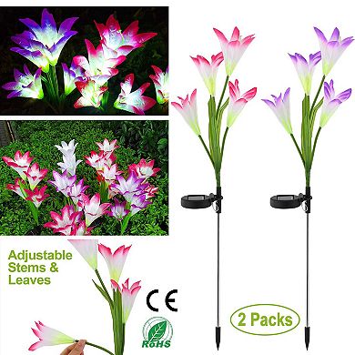 2Pcs Solar Lily Garden Lights Outdoor 7-Color Changing Waterproof LED Pathway Stakes for Yard Patio
