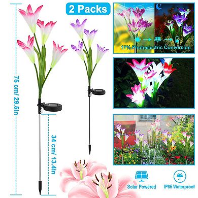 2Pcs Solar Lily Garden Lights Outdoor 7-Color Changing Waterproof LED Pathway Stakes for Yard Patio