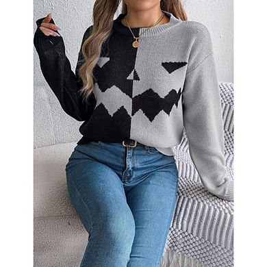 Women Halloween Ugly Sweaters Casual Long Sleeve Pumpkin Face Graphic Fall Knitted Pullover Top