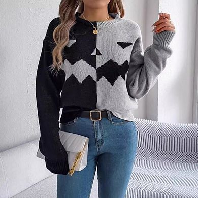 Women Halloween Ugly Sweaters Casual Long Sleeve Pumpkin Face Graphic Fall Knitted Pullover Top
