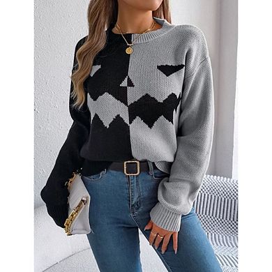 Women Halloween Ugly Sweaters Casual Long Sleeve Pumpkin Face Graphic Fall Knitted Pullover Top