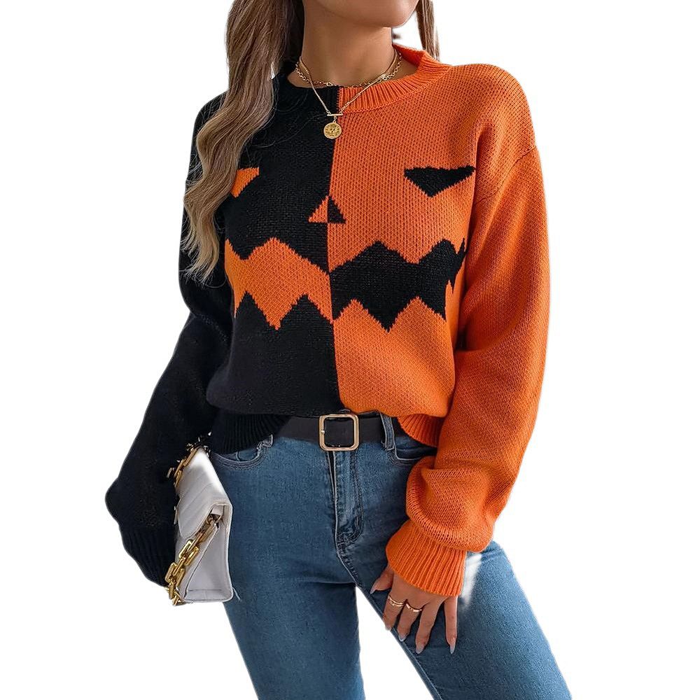 Women Halloween Ugly Sweaters Casual Long Sleeve Pumpkin Face Graphic ...
