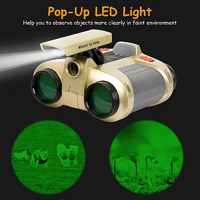 4x30 Kids Night Vision Toy Binoculars Pop-Up LED Light with Neck Strap for Hiking & Travel
