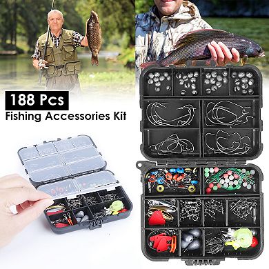 188Pcs Fishing Tackle Kit with Hooks Weights Lures Sinkers Split Shot and Portable Tackle Box