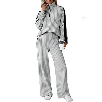 2 pc Womens Plus Pajama Sets Fall Ribbed Color Block Lounge Set Fleece Long Sleeve Sleepwear
