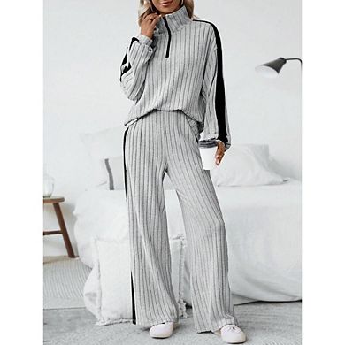 2 Piece Womens Plus Pajama Sets Fall Ribbed Color Block Lounge Set Fleece Long Sleeve Sleepwear