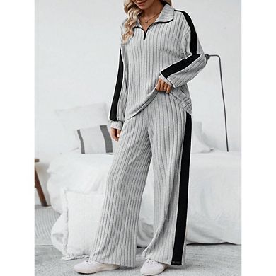 2 Piece Womens Plus Pajama Sets Fall Ribbed Color Block Lounge Set Fleece Long Sleeve Sleepwear