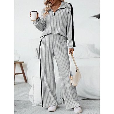 2 Piece Womens Plus Pajama Sets Fall Ribbed Color Block Lounge Set Fleece Long Sleeve Sleepwear