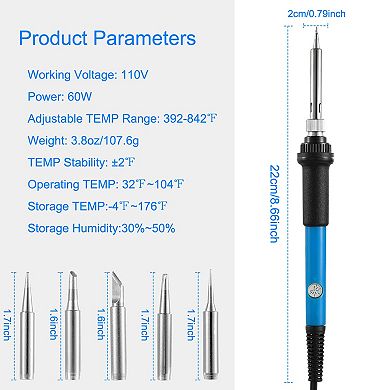110V 60W Soldering Iron Kit Adjustable Temp 392-842°F PCB Welding Tool with 5 Tips