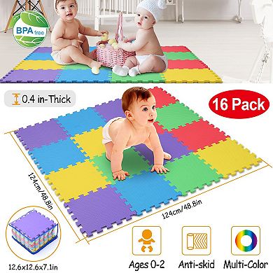 16Pcs Kids Puzzle Play Mat w/ Interlocking EVA Tiles, Non-Toxic, Anti-Skid, Multi-Color