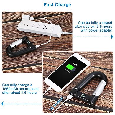2200mAh Power Bank Carabiner-Shaped with Emergency Flashlight & Compass for Hiking & Camping