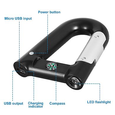 2200mAh Power Bank Carabiner-Shaped with Emergency Flashlight & Compass for Hiking & Camping