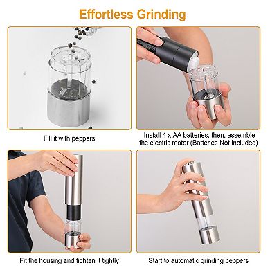 Electric Salt and Pepper Grinder Mill Stainless Steel Battery Operated Shaker with Light