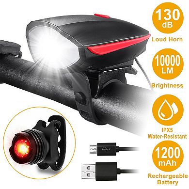 10000LM USB Rechargeable Bike Headlight LED Front Light, Rear Taillight & 130dB Horn