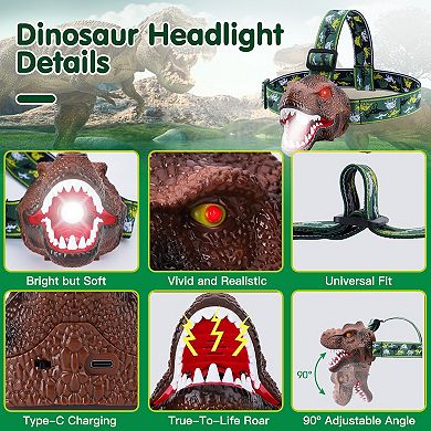 Dinosaur Kids Headlamp with Roar Sound, 4 Modes, Adjustable Headband, Fun Camping Gear Gift